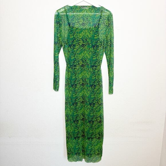 & Other Stories Long Sleeve Pleated Mesh Green Midi Dress S - Picture 2 of 13